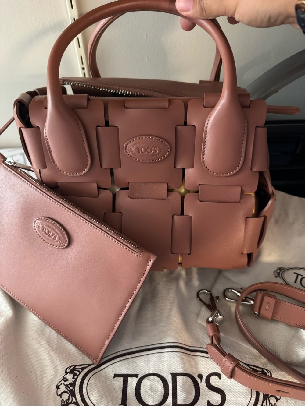 TOD'S Di bag- Rose Brown Leather Woven Satchel with Pouch - Picture 3 of 4